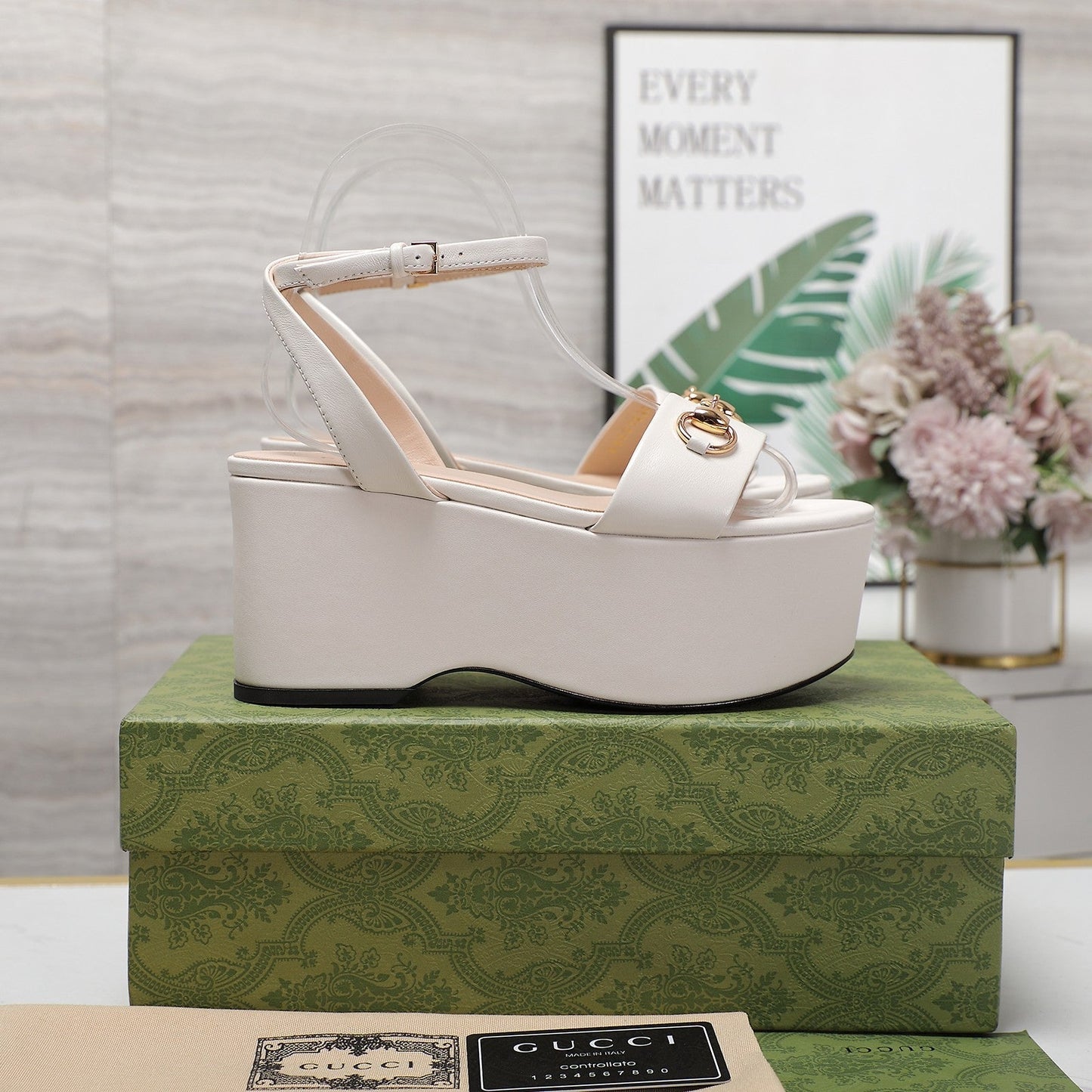 GUCCI Horsebit Wedges Sandals White