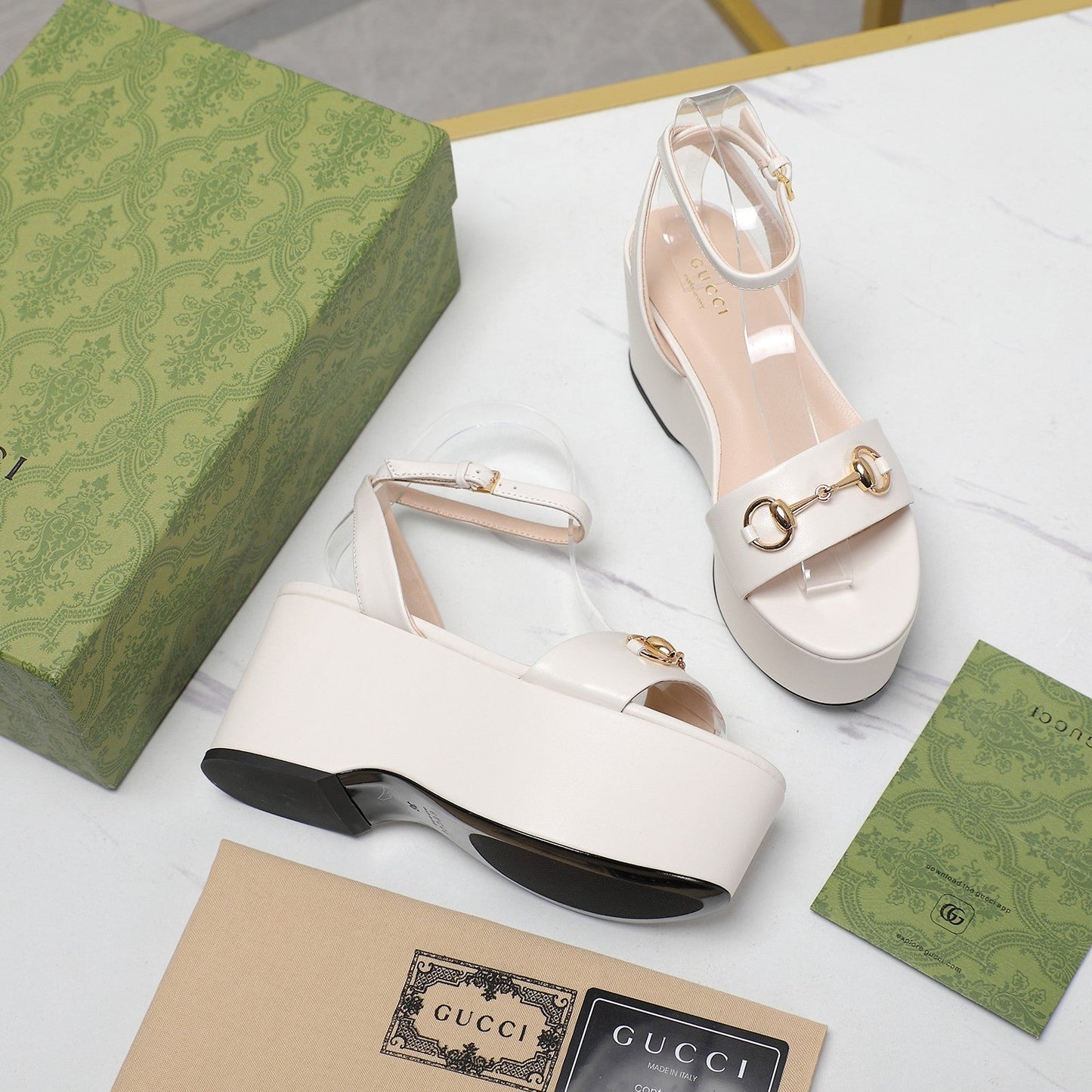 GUCCI Horsebit Wedges Sandals White