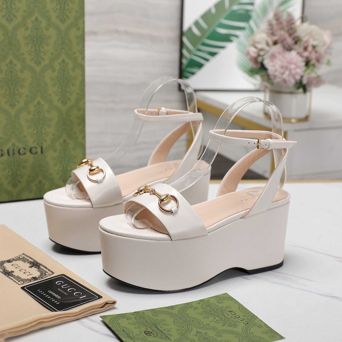 GUCCI Horsebit Wedges Sandals White