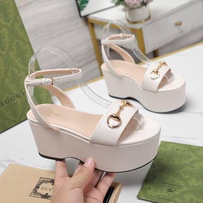 GUCCI Horsebit Wedges Sandals White