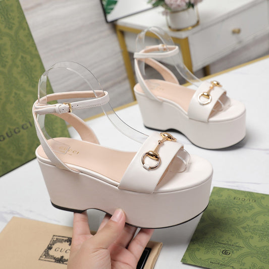 GUCCI Horsebit Wedges Sandals White