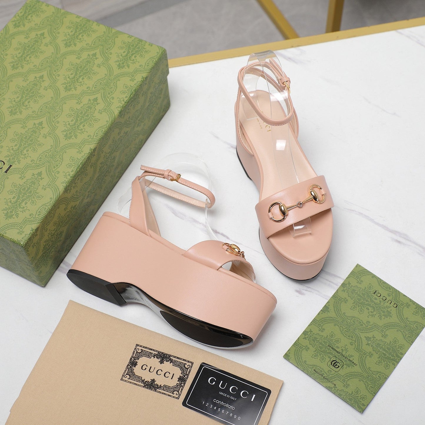 GUCCI Horsebit Wedges Sandals Pink