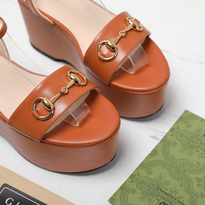 GUCCI Horsebit Wedges Sandals Orange