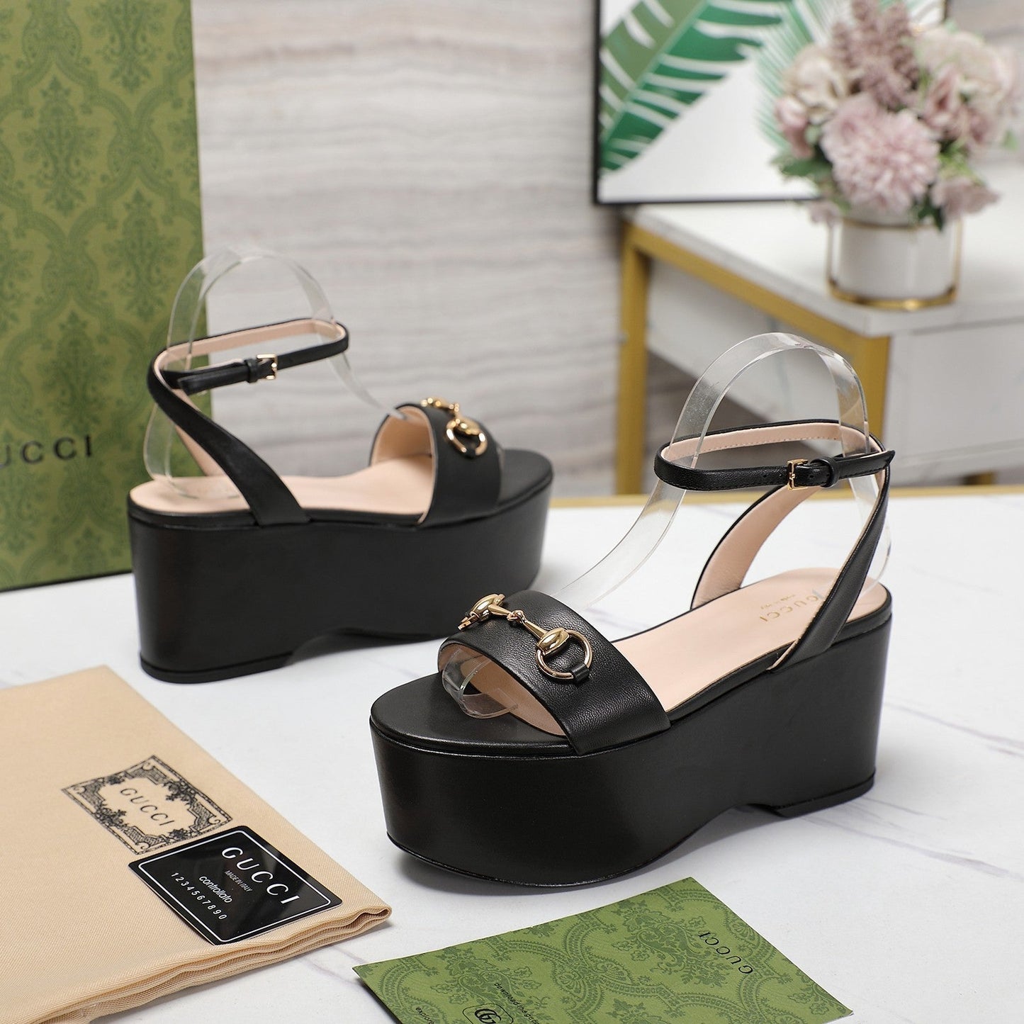 GUCCI Horsebit Wedges Sandals Black