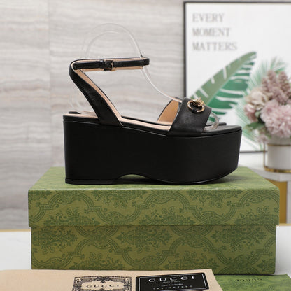 GUCCI Horsebit Wedges Sandals Black