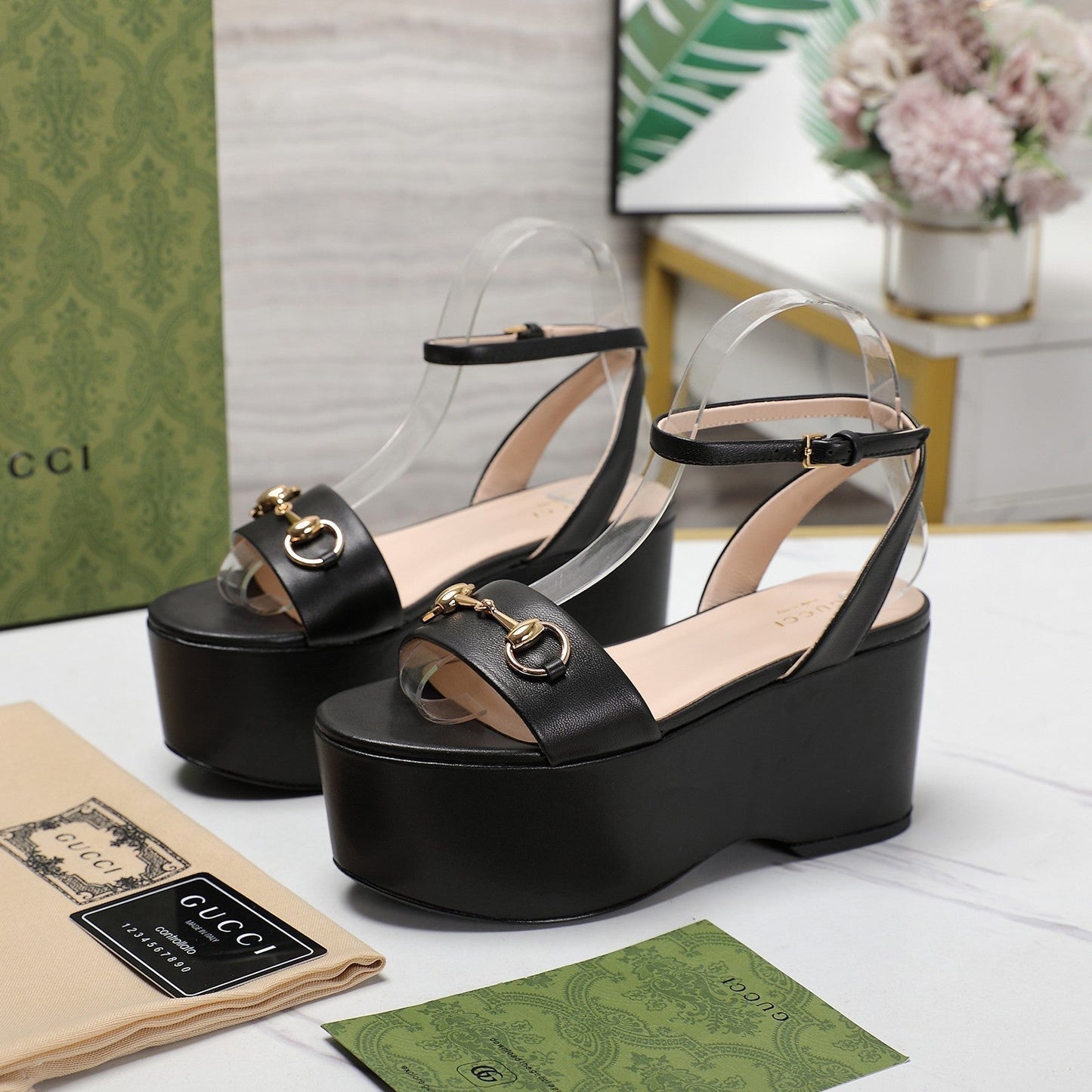 GUCCI Horsebit Wedges Sandals Black