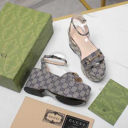 GUCCI Horsebit Wedges Sandals Light Grey