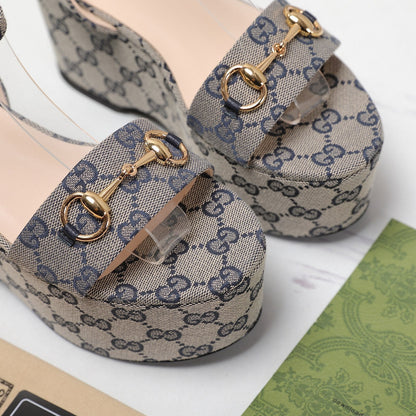 GUCCI Horsebit Wedges Sandals Light Grey