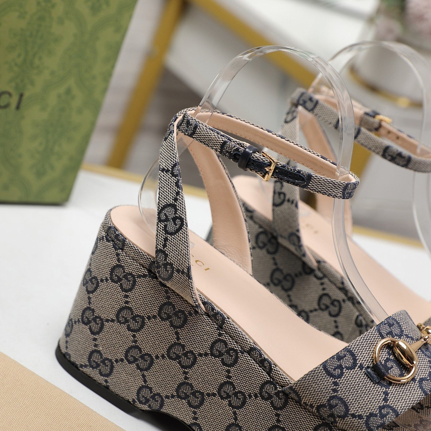 GUCCI Horsebit Wedges Sandals Light Grey