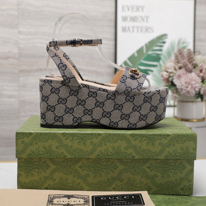 GUCCI Horsebit Wedges Sandals Light Grey