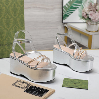 GUCCI WEDGE PLATFORM IN SILVER SHEEPSKIN
