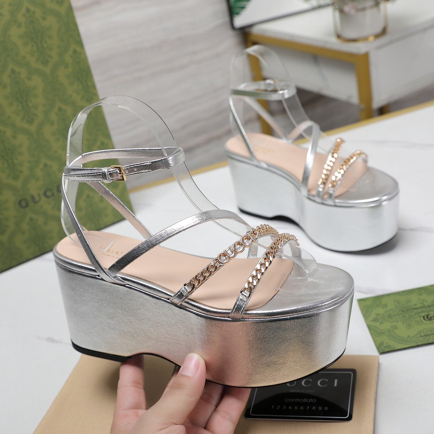 GUCCI WEDGE PLATFORM IN SILVER SHEEPSKIN