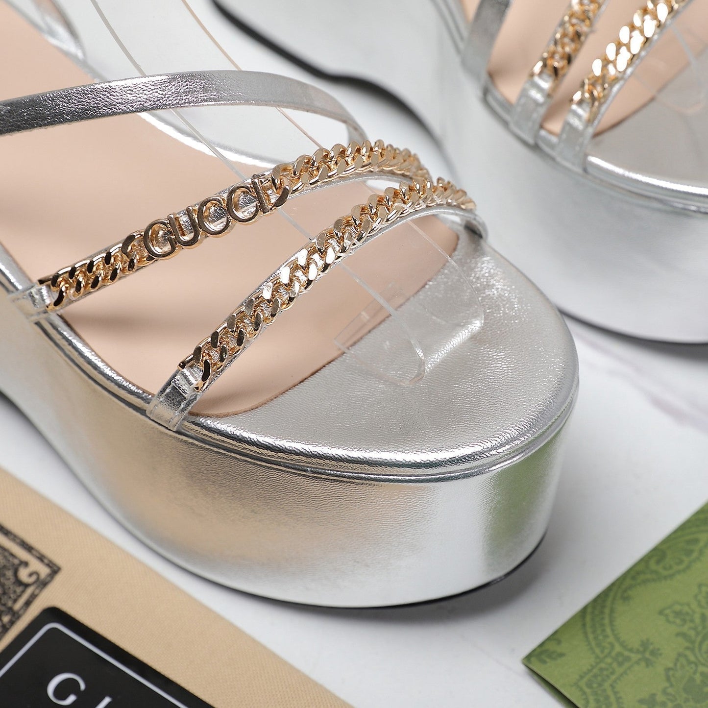 GUCCI WEDGE PLATFORM IN SILVER SHEEPSKIN