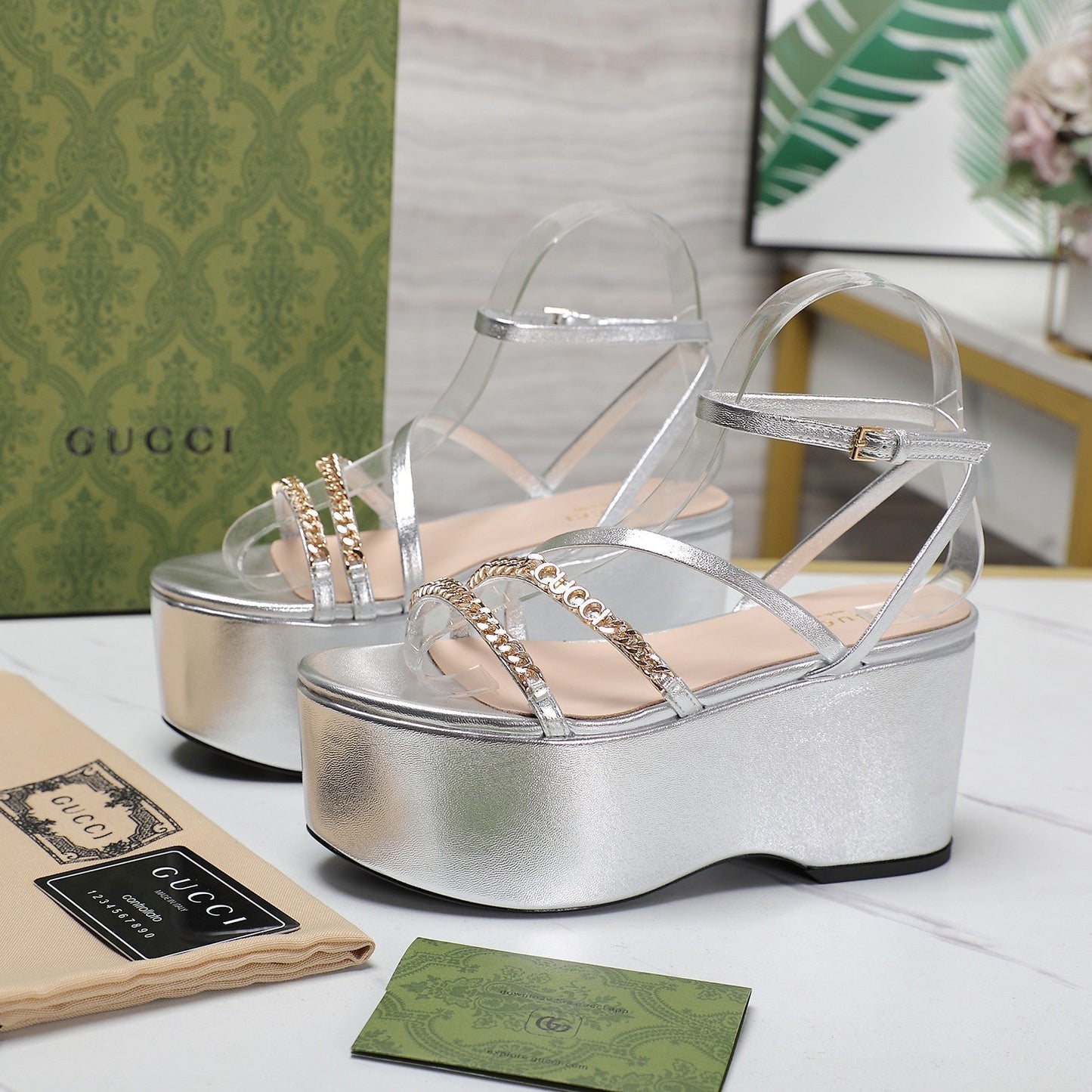 GUCCI WEDGE PLATFORM IN SILVER SHEEPSKIN