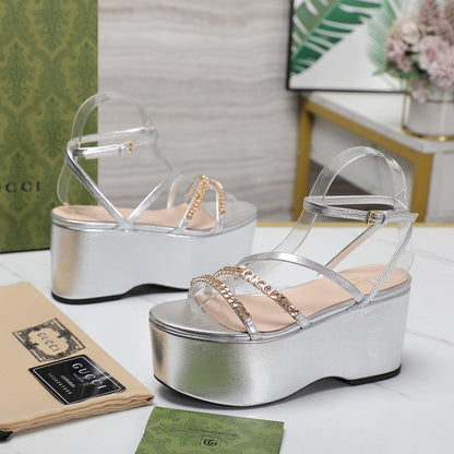 GUCCI WEDGE PLATFORM IN SILVER SHEEPSKIN