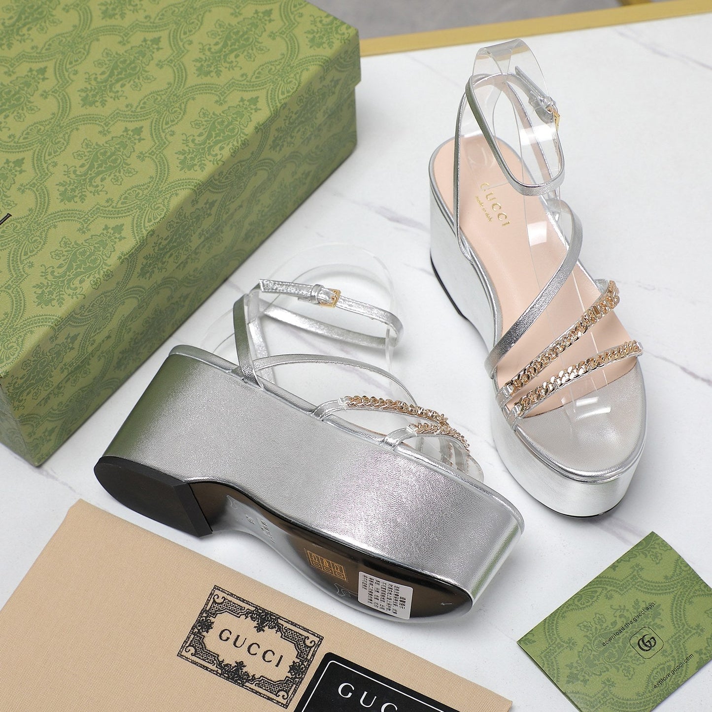 GUCCI WEDGE PLATFORM IN SILVER SHEEPSKIN