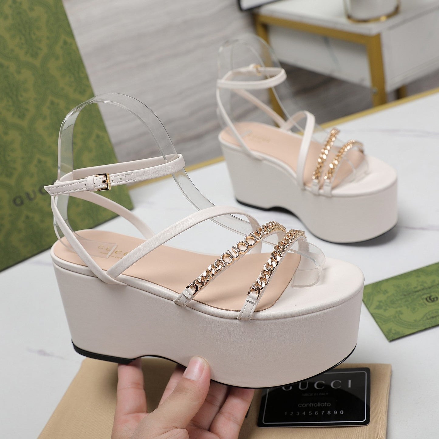 GUCCI WEDGE PLATFORM IN WHITE SHEEPSKIN