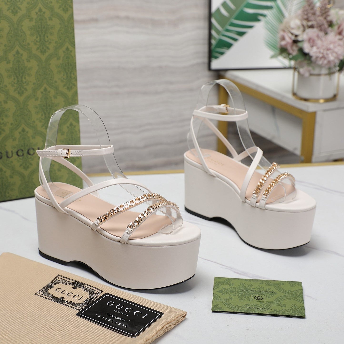 GUCCI WEDGE PLATFORM IN WHITE SHEEPSKIN