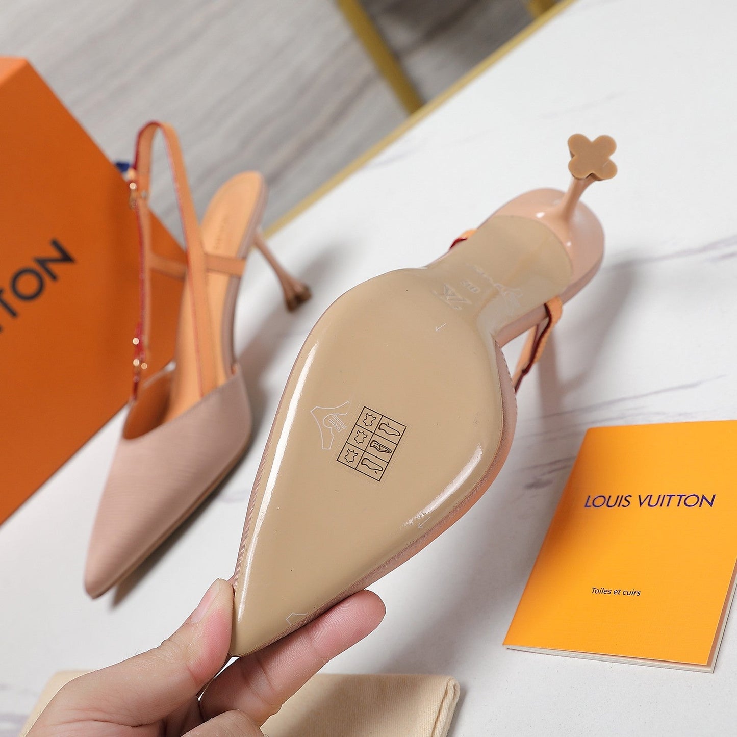 LOUIS VUITTON LV WOMEN BLOSSOM SLINGBACK PUMP IN NUDE BEIGE EMBROIDERED FABRIC