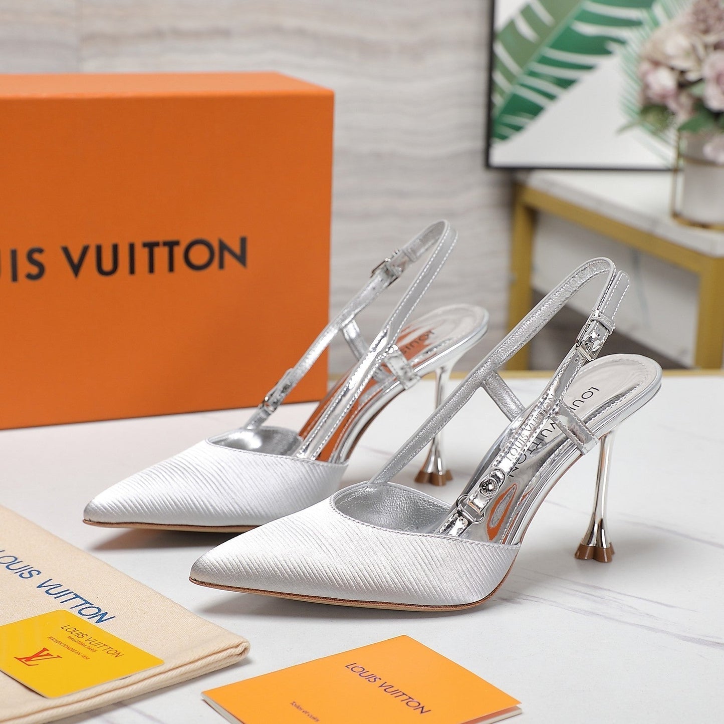 LOUIS VUITTON LV WOMEN BLOSSOM SLINGBACK PUMP IN SILVER EMBROIDERED FABRIC