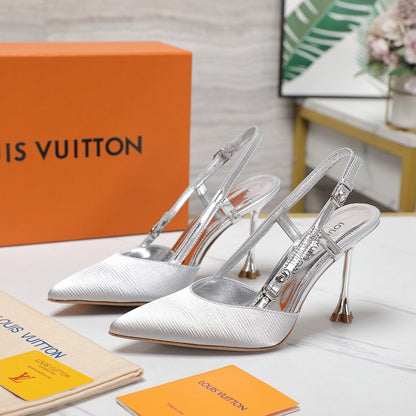 LOUIS VUITTON LV WOMEN BLOSSOM SLINGBACK PUMP IN SILVER EMBROIDERED FABRIC