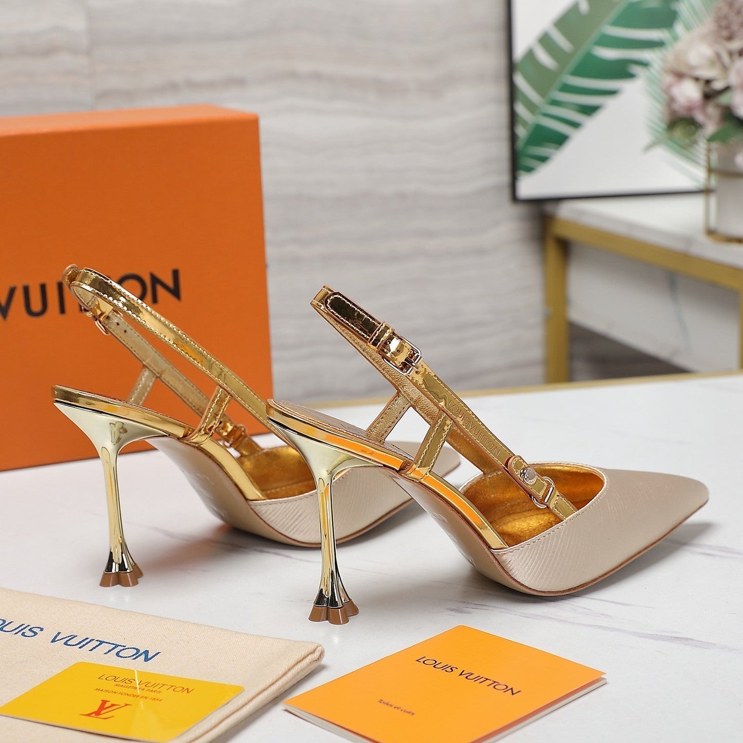LOUIS VUITTON LV WOMEN BLOSSOM SLINGBACK PUMP IN GOLDEN EMBROIDERED FABRIC