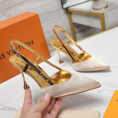 LOUIS VUITTON LV WOMEN BLOSSOM SLINGBACK PUMP IN GOLDEN EMBROIDERED FABRIC
