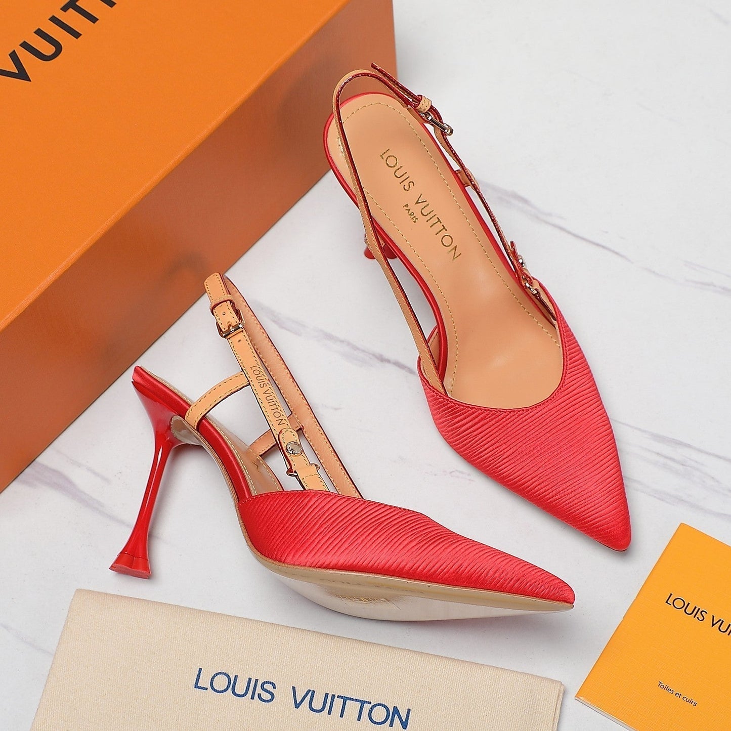 LOUIS VUITTON LV WOMEN BLOSSOM SLINGBACK PUMP IN CHERRY RED EMBROIDERED FABRIC