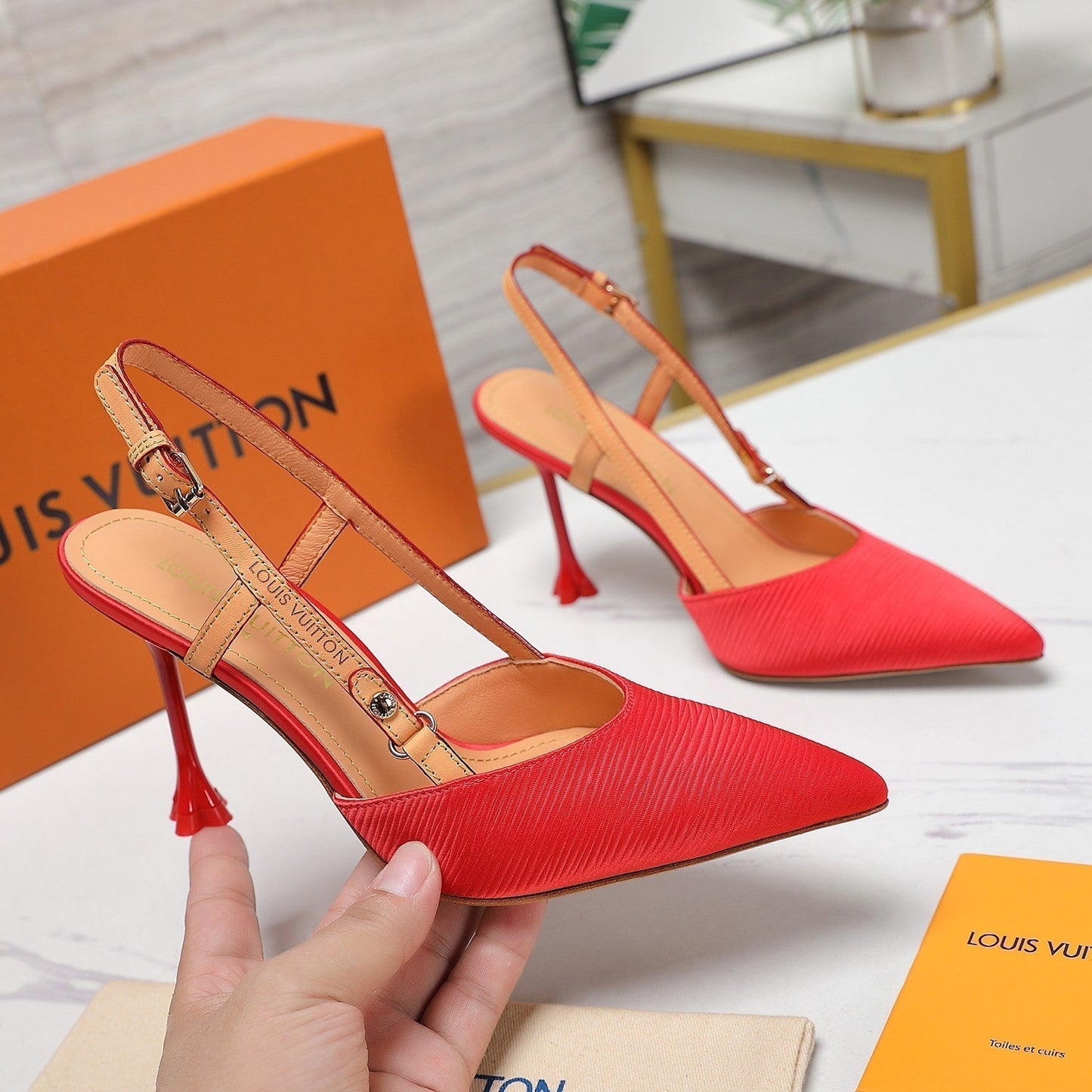 LOUIS VUITTON LV WOMEN BLOSSOM SLINGBACK PUMP IN CHERRY RED EMBROIDERED FABRIC