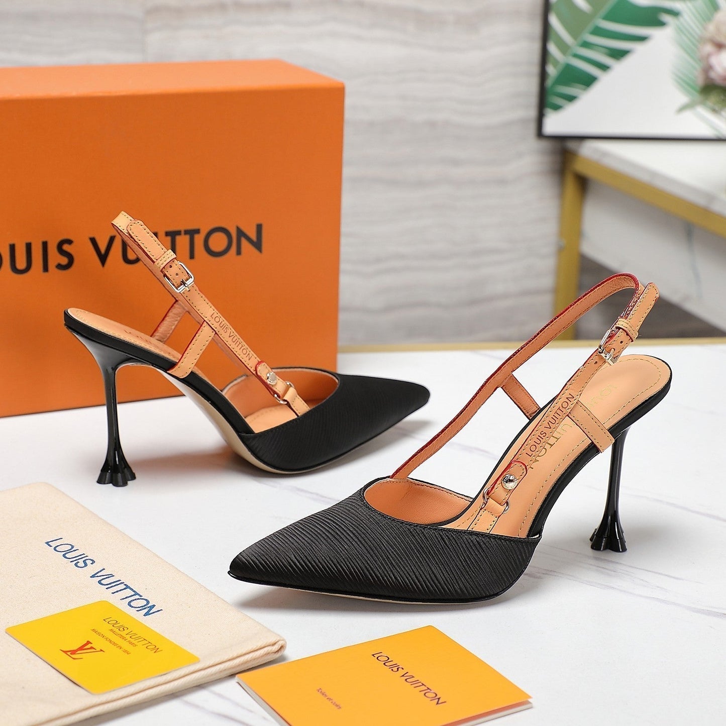 LOUIS VUITTON LV WOMEN BLOSSOM SLINGBACK PUMP IN BLACK EMBROIDERED FABRIC