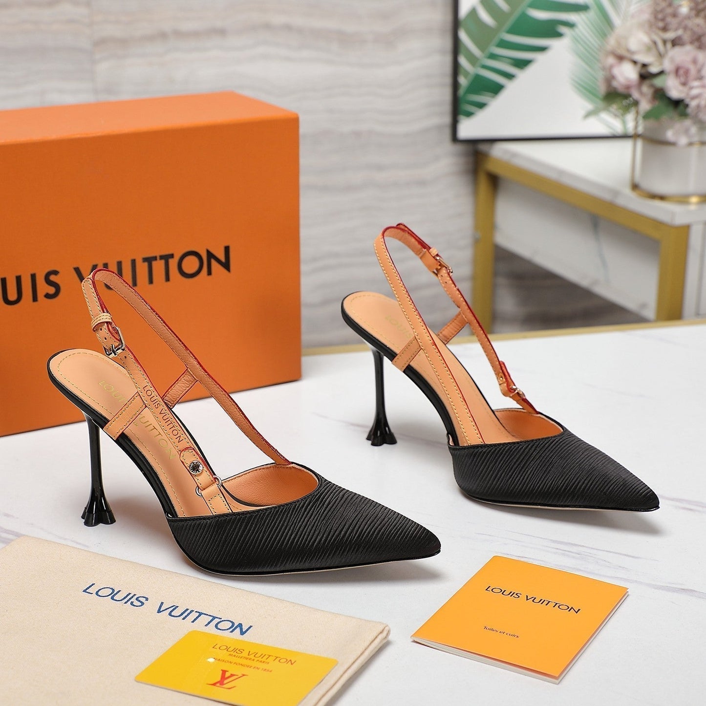 LOUIS VUITTON LV WOMEN BLOSSOM SLINGBACK PUMP IN BLACK EMBROIDERED FABRIC