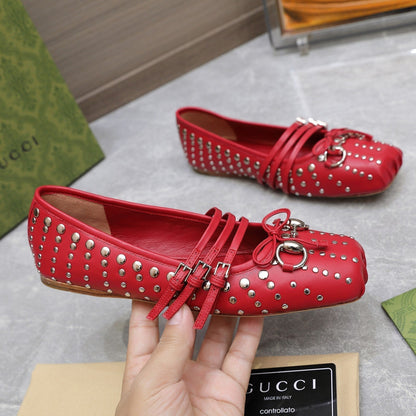 GUCCI HORSEBIT BALLET FLAT RED HORIZONTAL STRAPS LAMBSKIN