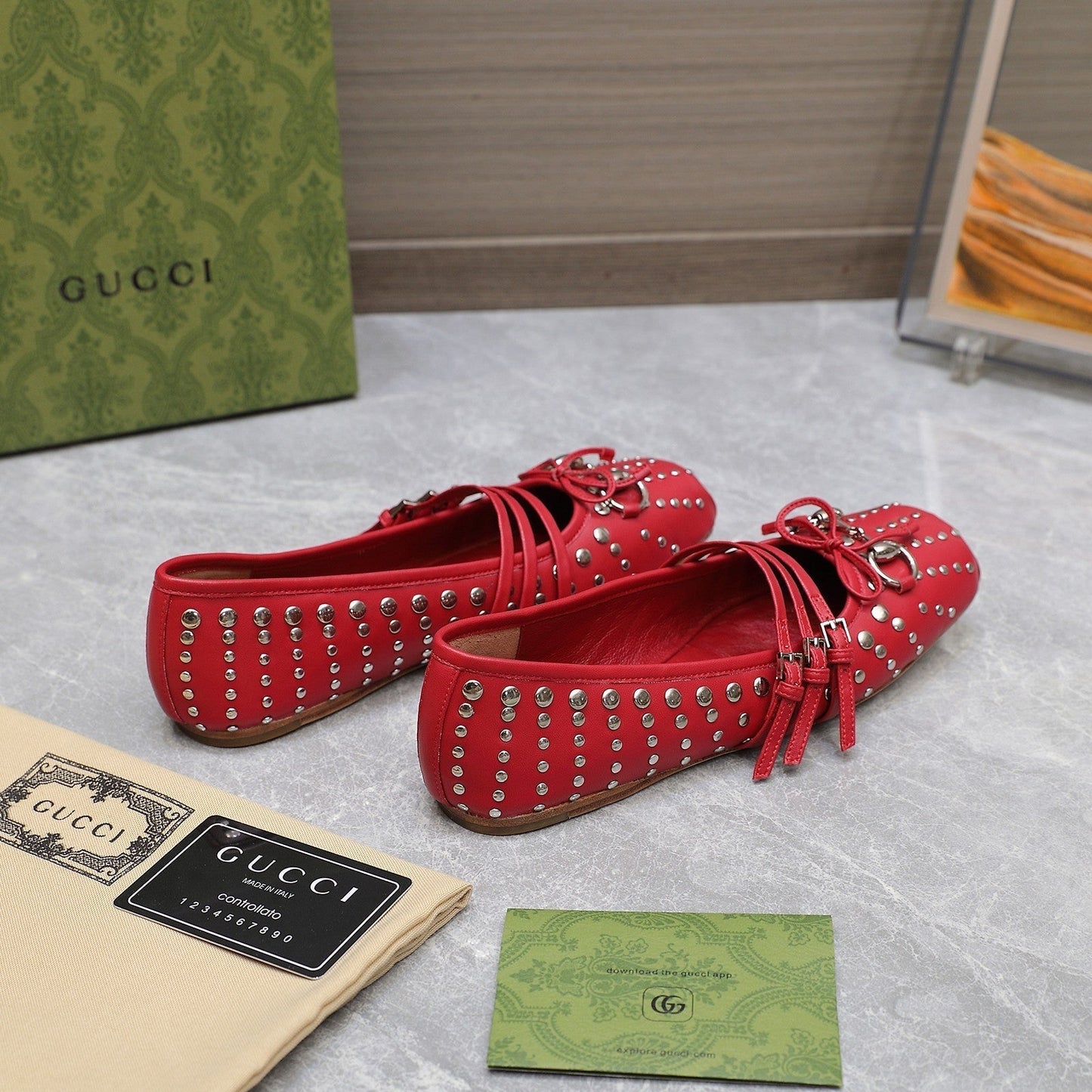 GUCCI HORSEBIT BALLET FLAT RED HORIZONTAL STRAPS LAMBSKIN