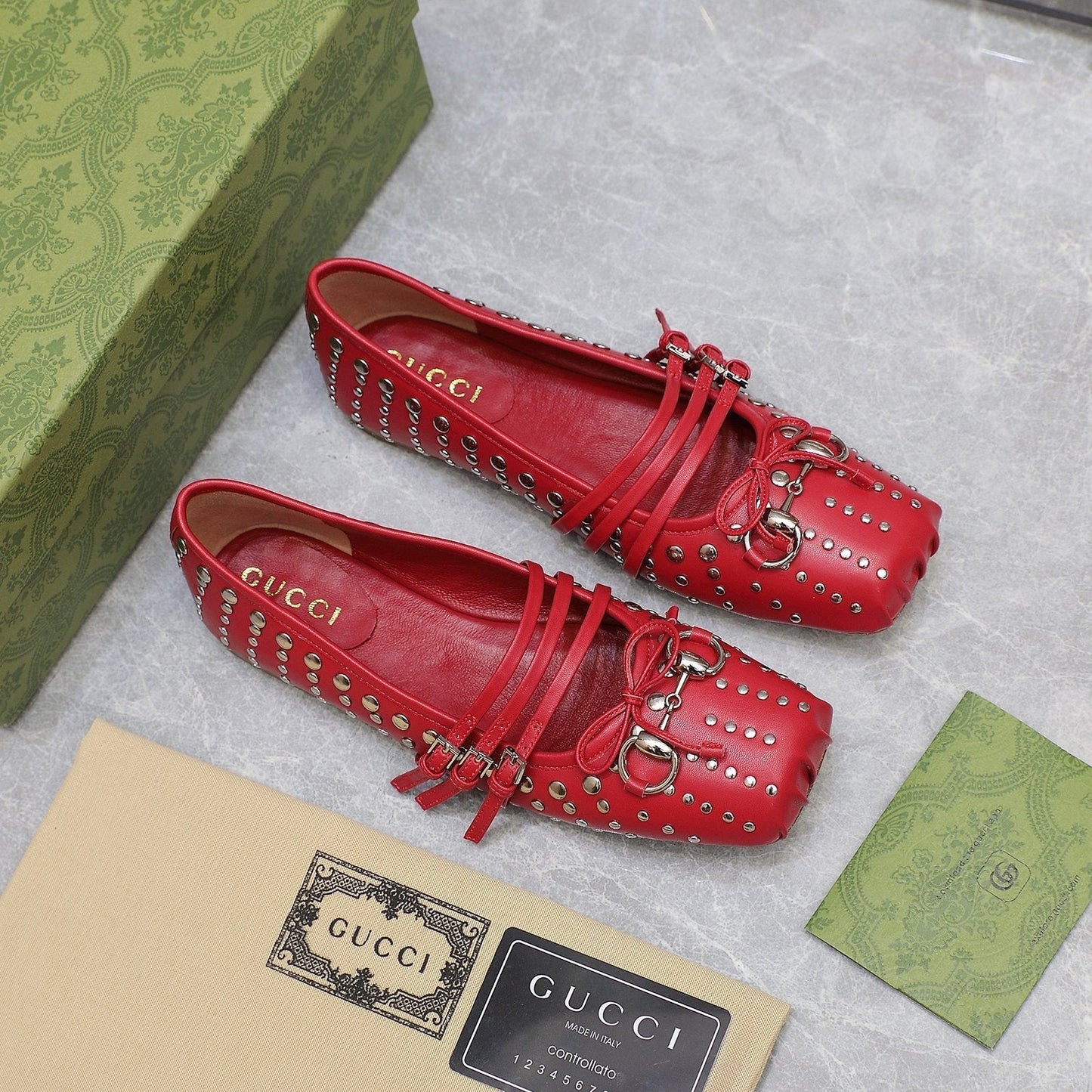 GUCCI HORSEBIT BALLET FLAT RED HORIZONTAL STRAPS LAMBSKIN
