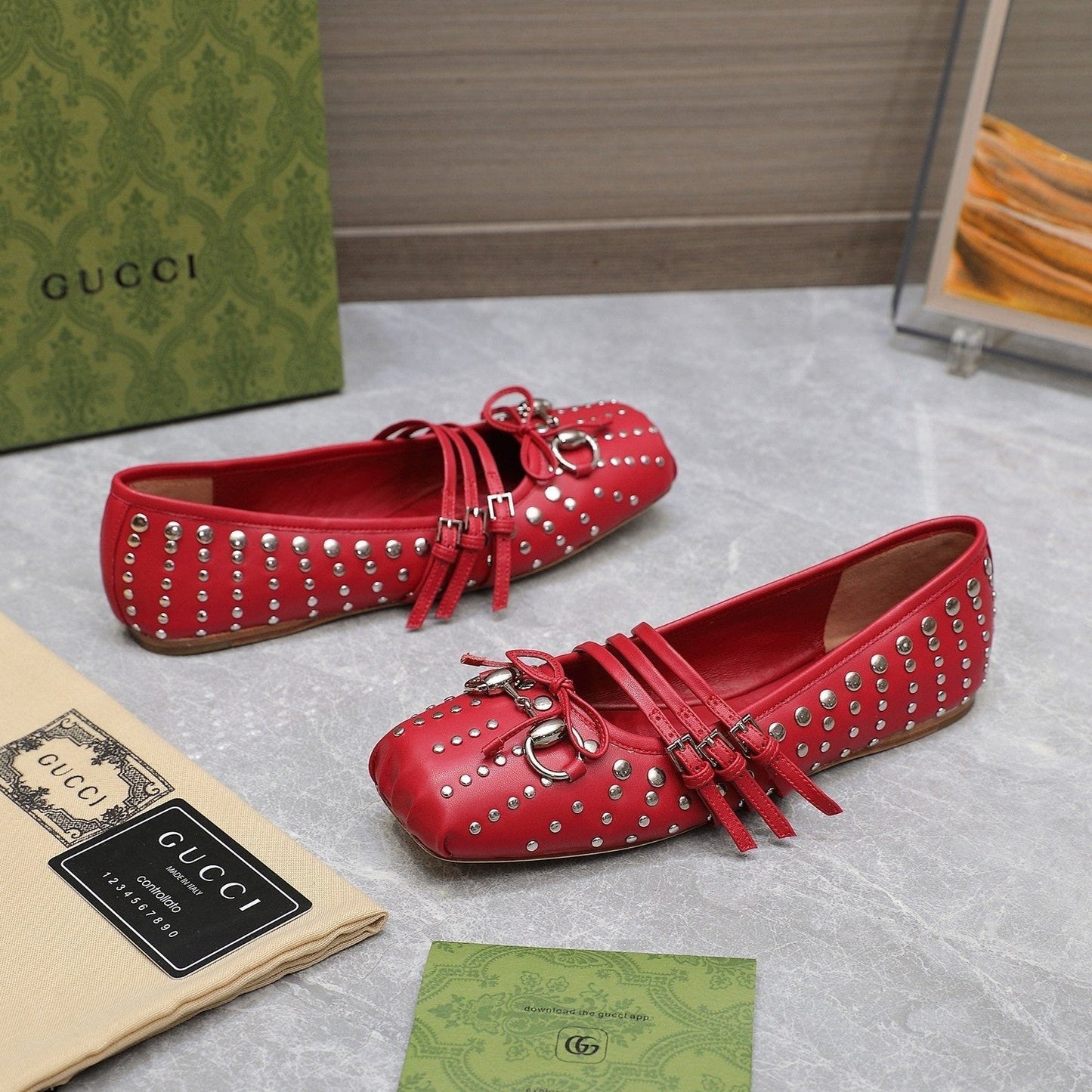 GUCCI HORSEBIT BALLET FLAT RED HORIZONTAL STRAPS LAMBSKIN