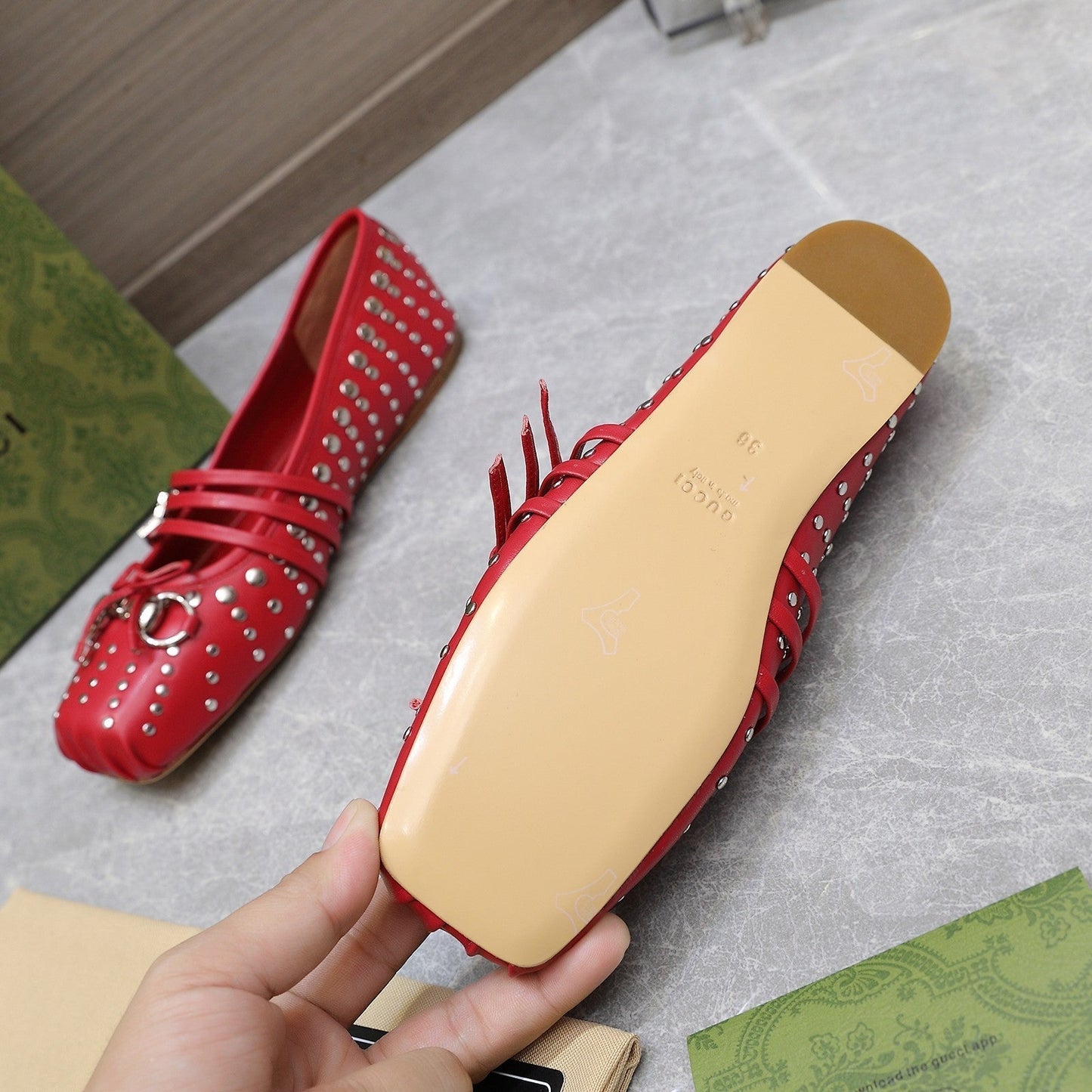GUCCI HORSEBIT BALLET FLAT RED HORIZONTAL STRAPS LAMBSKIN