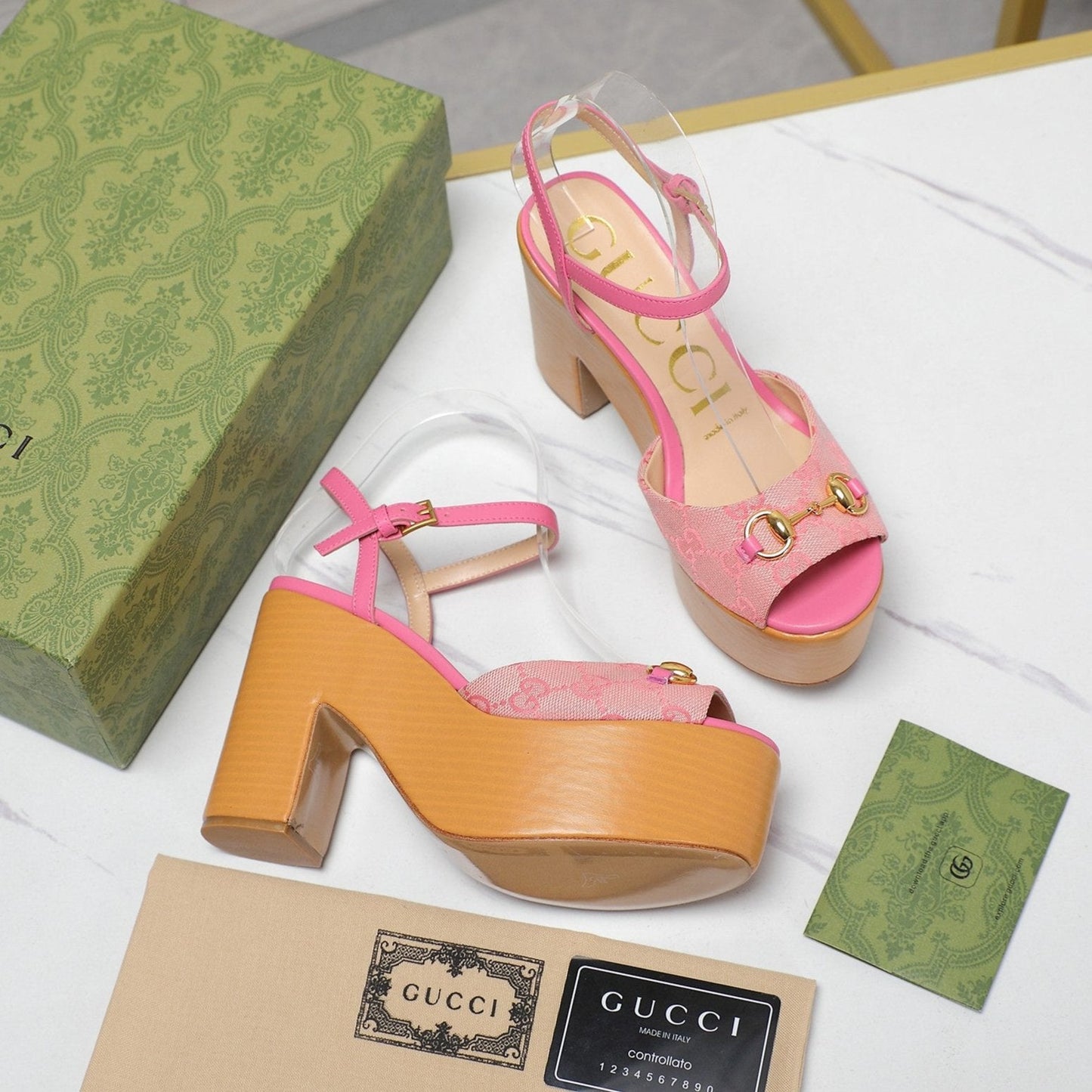 GUCCI HORSEBIT WEDGE SANDAL IN PINK MONOGRAM JACQUARD FABRIC AND SHEEPSKIN LINING