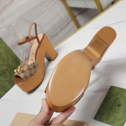 GUCCI HORSEBIT WEDGE SANDAL IN BROWN MONOGRAM JACQUARD FABRIC AND SHEEPSKIN LINING