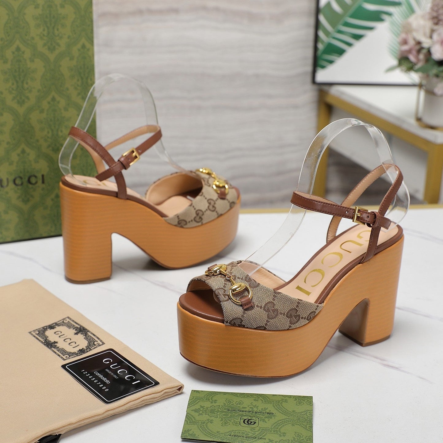 GUCCI HORSEBIT WEDGE SANDAL IN BROWN MONOGRAM JACQUARD FABRIC AND SHEEPSKIN LINING