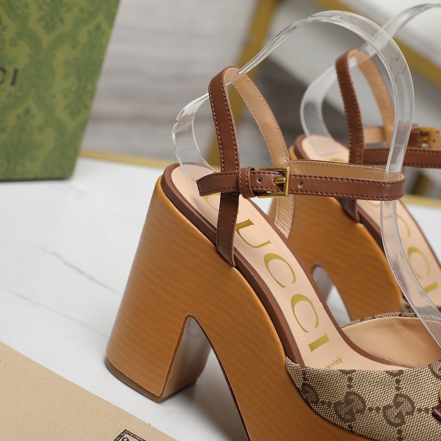 GUCCI HORSEBIT WEDGE SANDAL IN BROWN MONOGRAM JACQUARD FABRIC AND SHEEPSKIN LINING