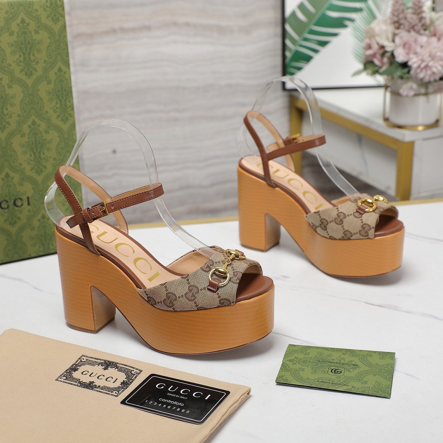 GUCCI HORSEBIT WEDGE SANDAL IN BROWN MONOGRAM JACQUARD FABRIC AND SHEEPSKIN LINING