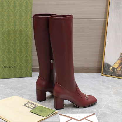GUCCI HORSEBIT KNEE HIGH BOOTS IN SANGRIA RED SHEEPSKIN