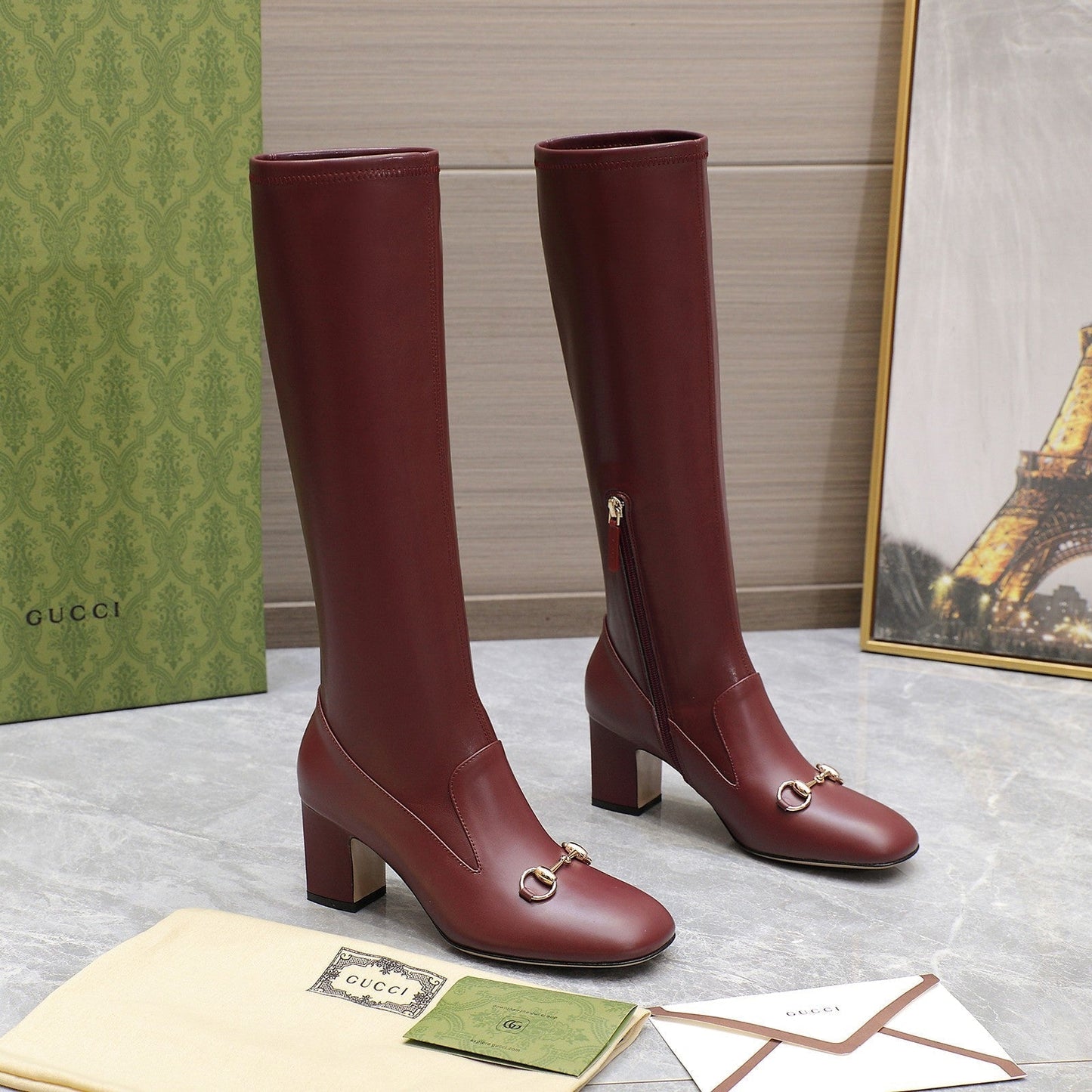 GUCCI HORSEBIT KNEE HIGH BOOTS IN SANGRIA RED SHEEPSKIN