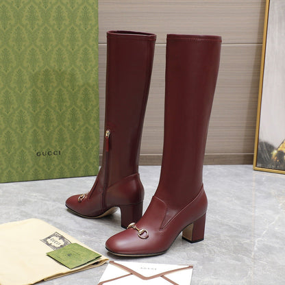 GUCCI HORSEBIT KNEE HIGH BOOTS IN SANGRIA RED SHEEPSKIN