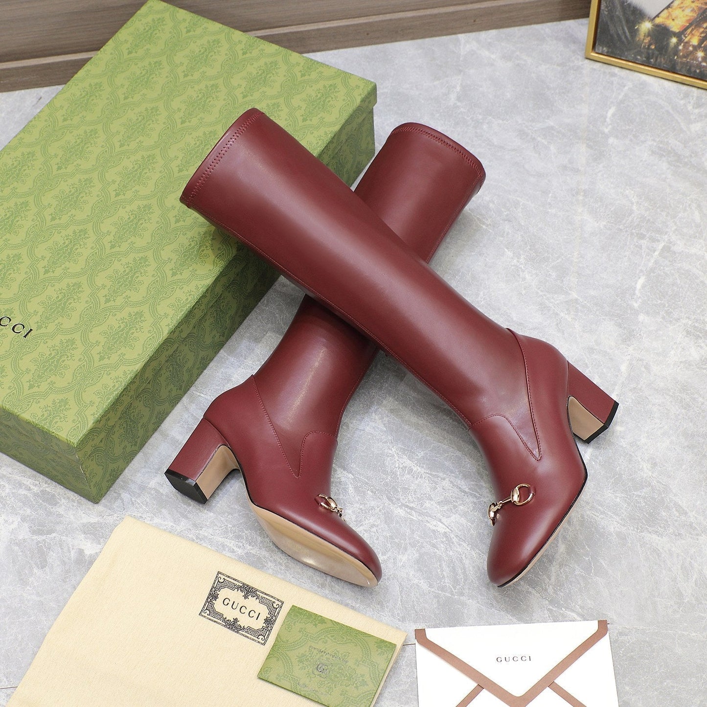 GUCCI HORSEBIT KNEE HIGH BOOTS IN SANGRIA RED SHEEPSKIN