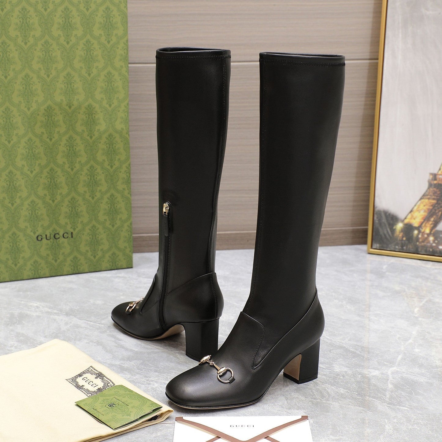 GUCCI HORSEBIT KNEE HIGH BOOTS IN BLACK SHEEPSKIN