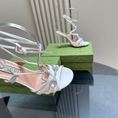 GUCCI CRYSTAL HORSEBIT STRAPPY SANDAL 10.5CM IN WHITE PATENT LEATHER