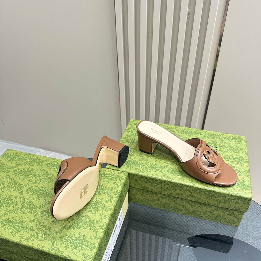GUCCI MID-HEEL 5 CM MULE IN BRONZE BROWN CALFSKIN