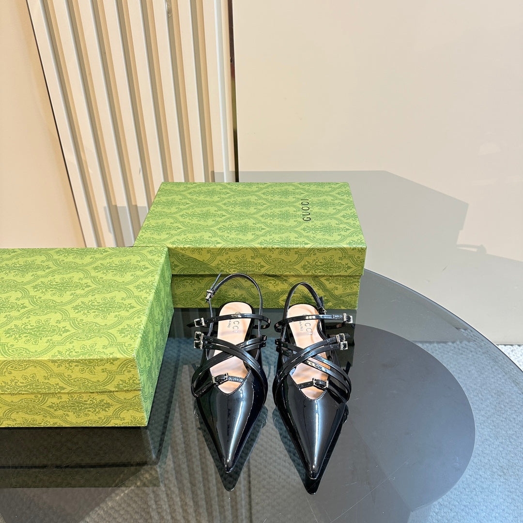 GUCCI SLINGBACK CROSS STRAP IN BLACK CALFSKIN