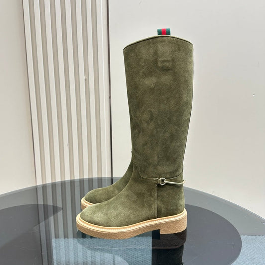 GUCCI SLIM HORSEBIT KNEE BOOTS WITH WEB IN KHAKI GREEN SUEDE